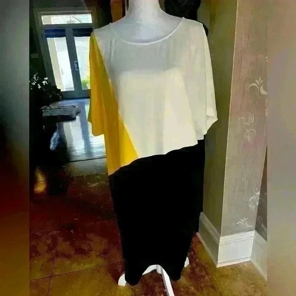 DKNY dress. Size XL ladies color block NWY black yellow white Flowy Airy - Picture 5 of 12